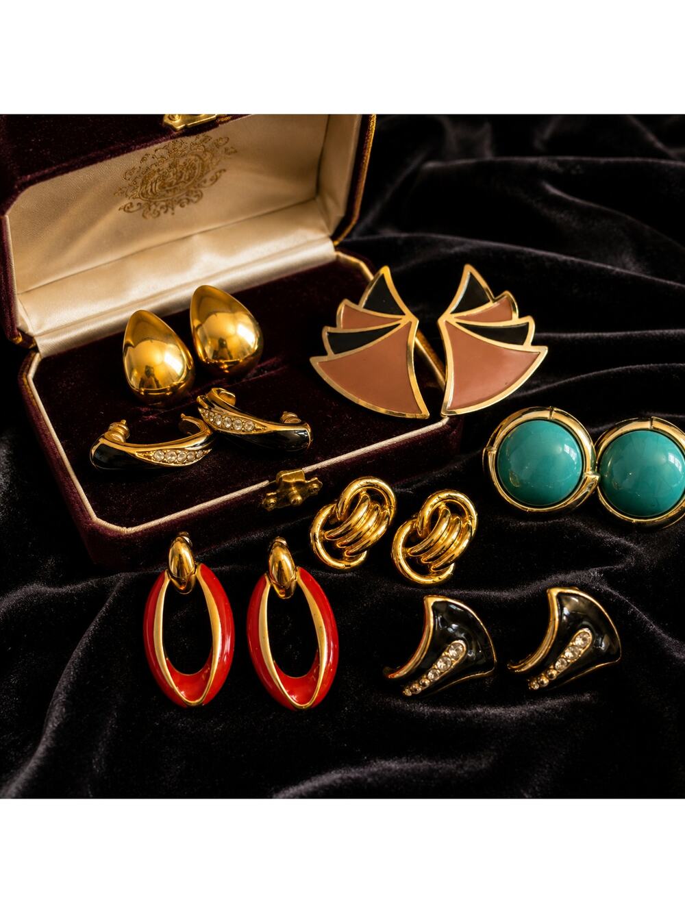 Vintage Statement Earrings Lot Gold Tone Enamel 80s 90s Bundle